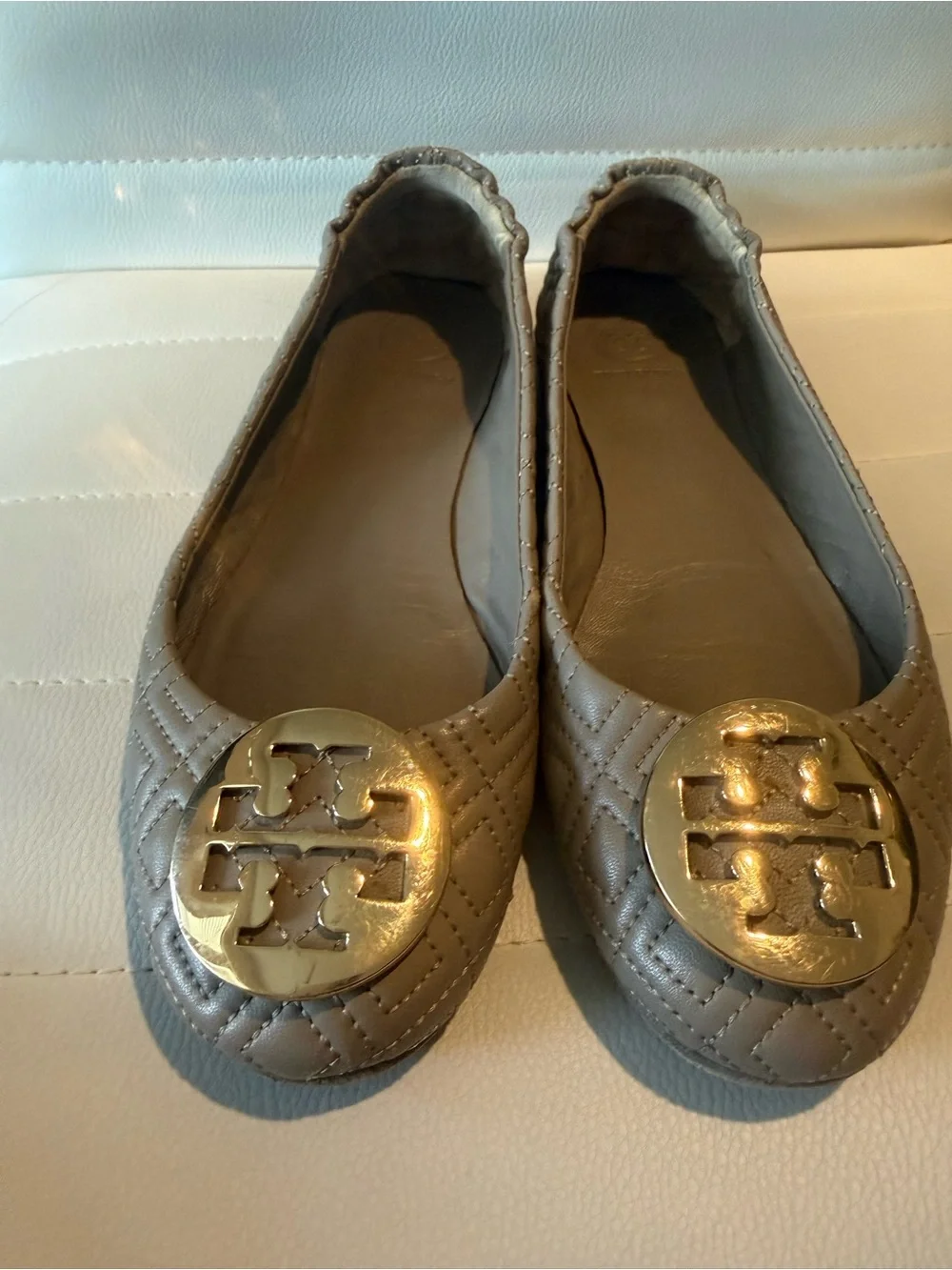 Tory Burch Quilted Taupe Leather Ballet Flats with Gold Logo Medallion